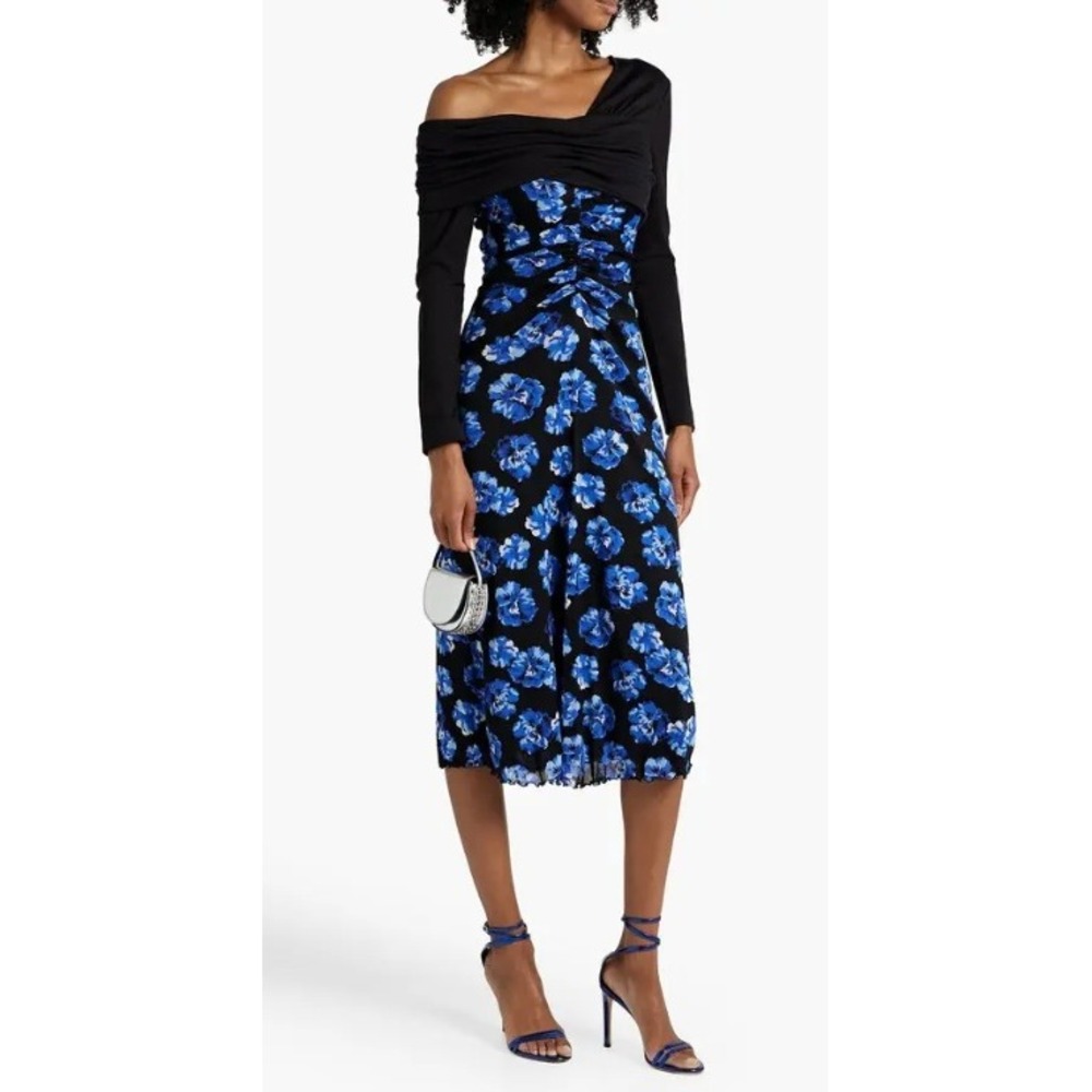 Diane von‎ Furstenberg Leia Dress Size L One Shoulder Midi Ruched Blue Black NEW